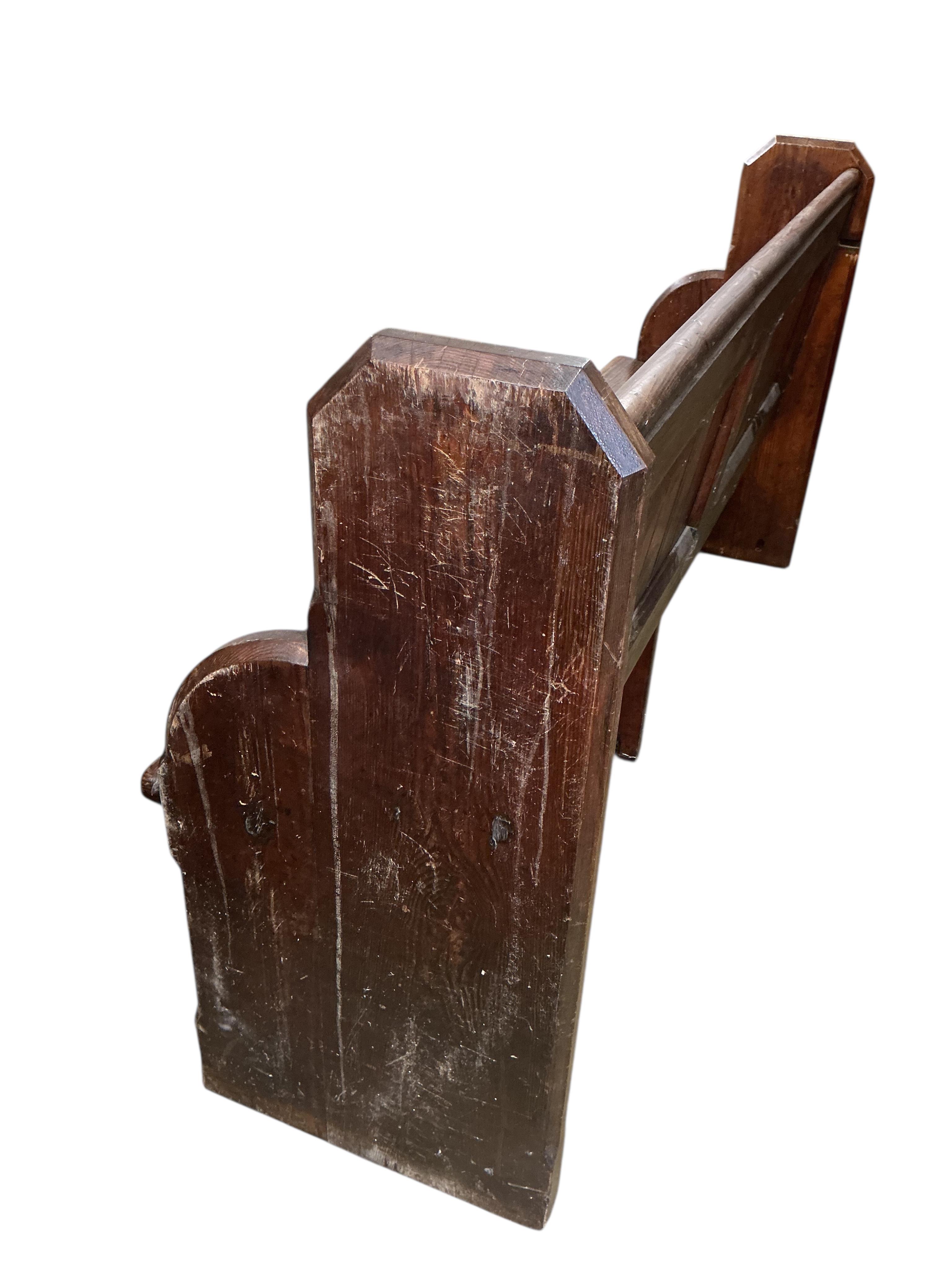 A Victorian pitch pine pew, width 174cm, depth 46cm, height 91cm